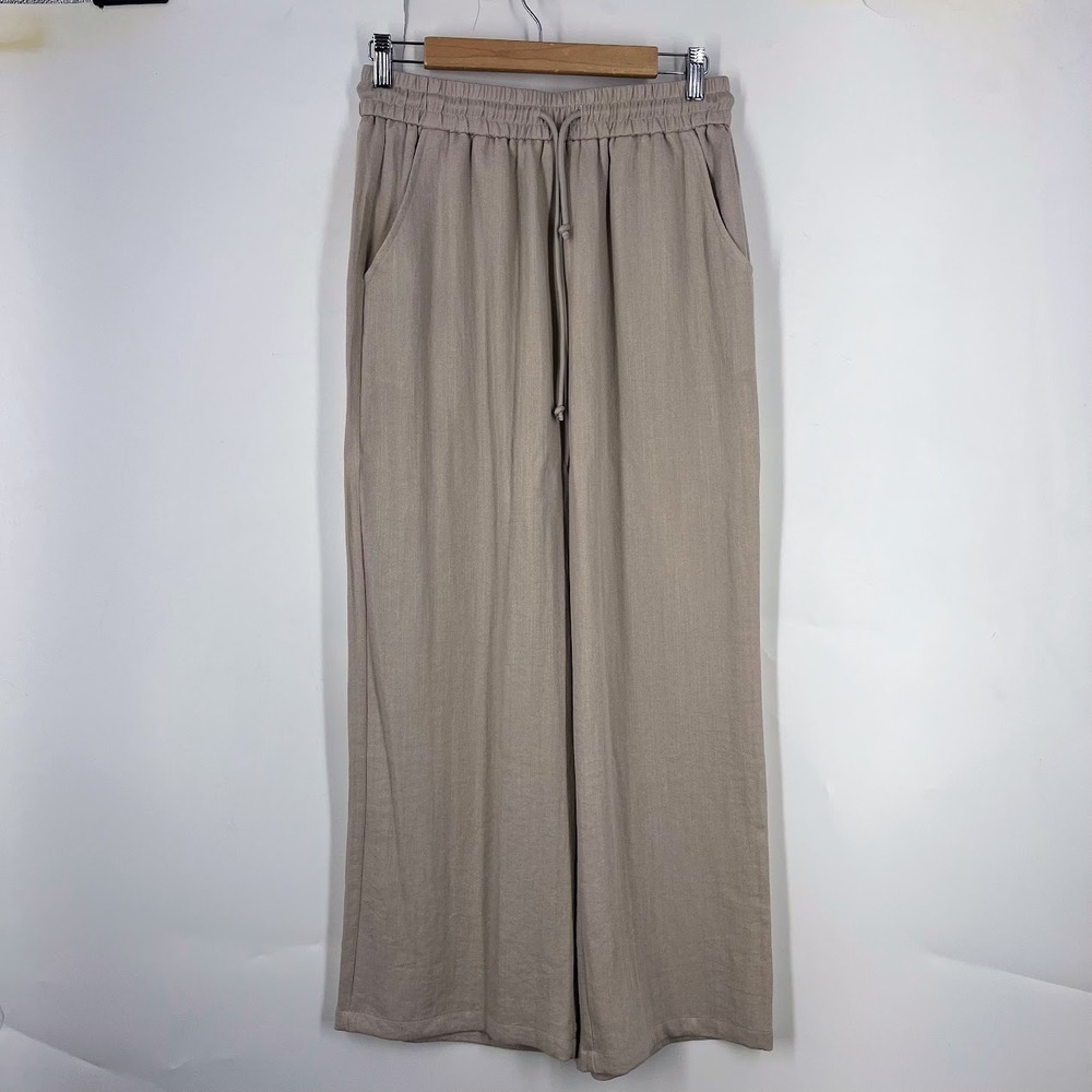 Halara Womens Wide Leg Drawstring Pants Beige Petite Medium NWT 02814611